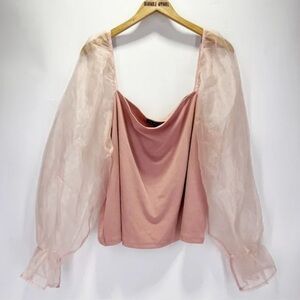 Eloquii 26/28 Pink Organza Sheer Long Sleeve Square Neck Top Puff Dusty Rose
